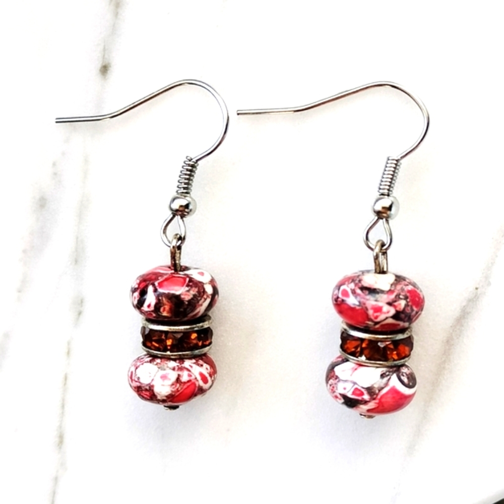 Amber Rhinestone Spotted Red Rock Earrings